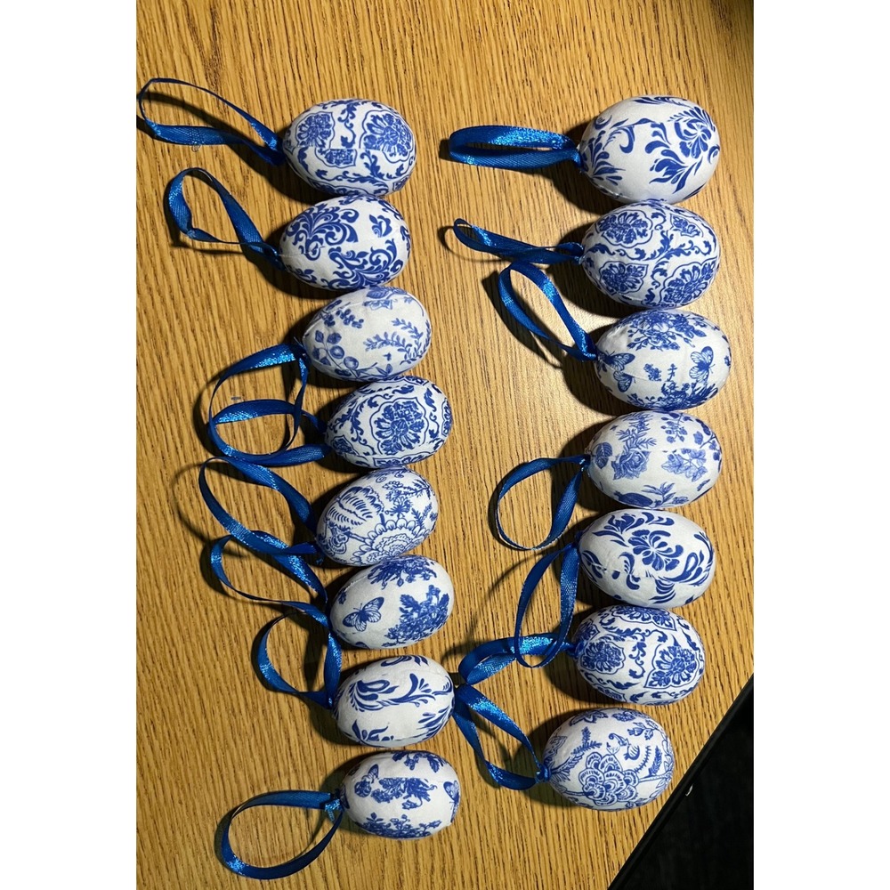 15pc Blue White Chinoiserie Fabric Easter Egg Ornaments Floral Tree Decor - Picture 9 of 9